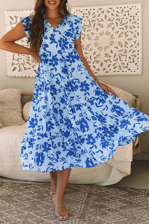 Floral Print Tiered Frilled Trim Flutter Sleeve Maxi Dress